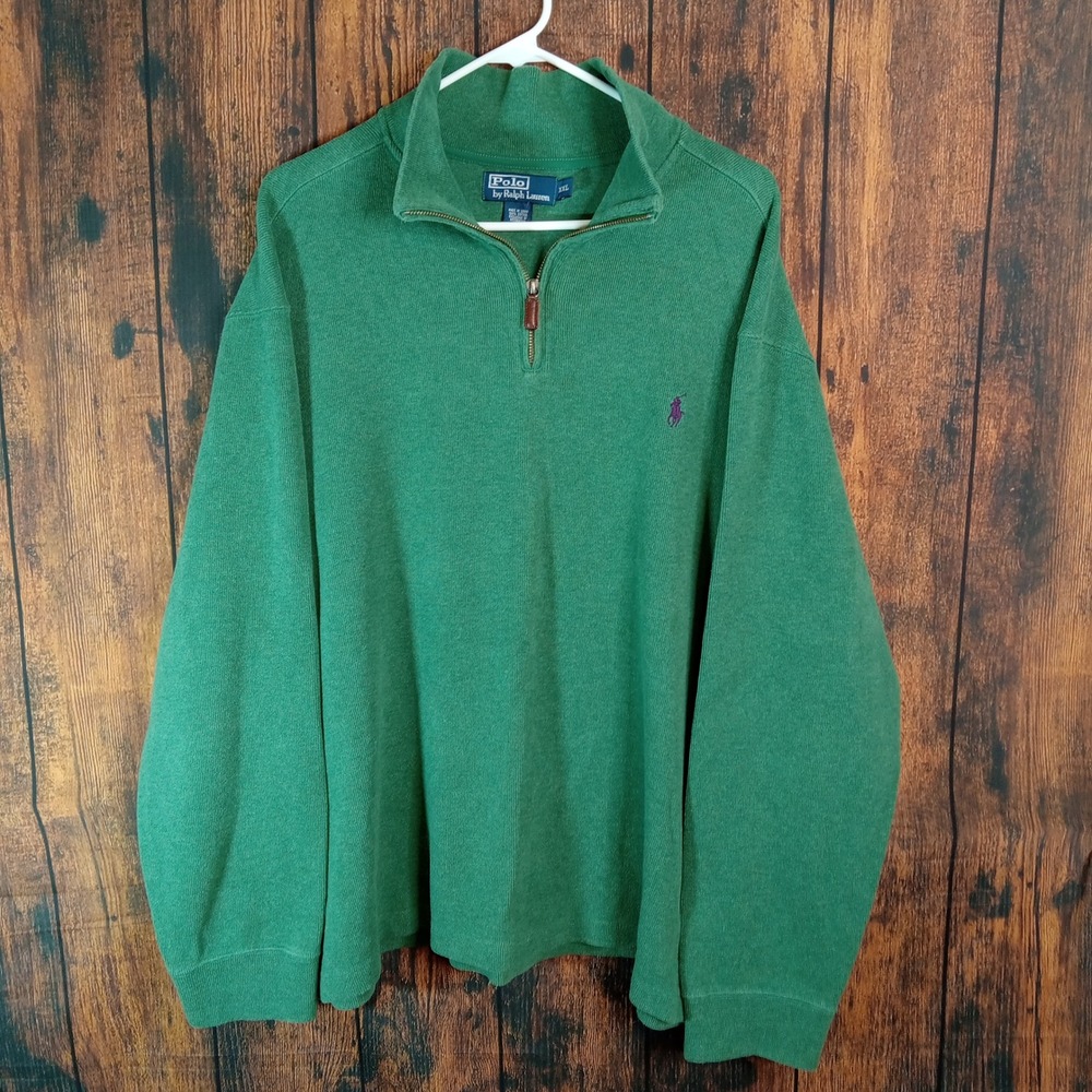 Polo Ralph Lauren Men XXL Green 1/4 Zip Cotton Pullover Sweater Purple Pony Logo